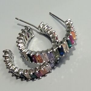 Silver Channel Set Baguette Crystal Rainbow Hoop Earrings Pierced